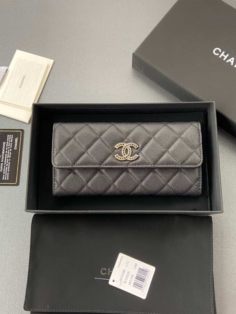 Chanel Grained Calfskin Wallet with Rhinestone Hardware
